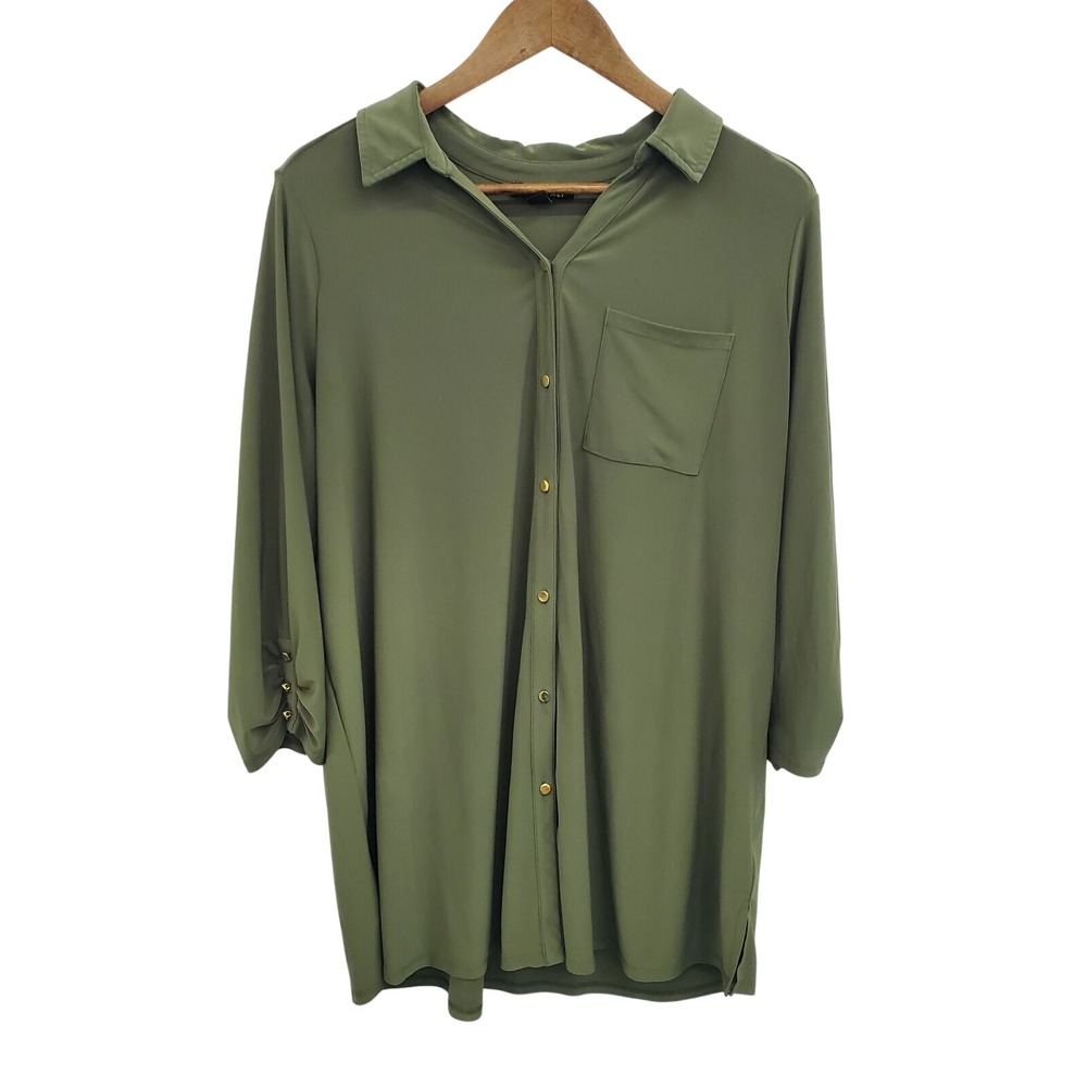 Roz & Ali Womens 3/4 Sleeve Olive Green Button Front Blouse‎ Top Plus Size 2X